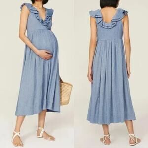 Hatch The Sarah Midi Dress Size 0 XS Maternity Blue Ruffle Gauzy Cotton Cottage